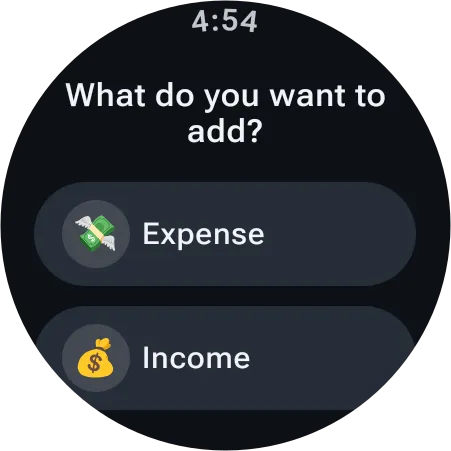 Wear OS screen asking whether to add an expense or an income