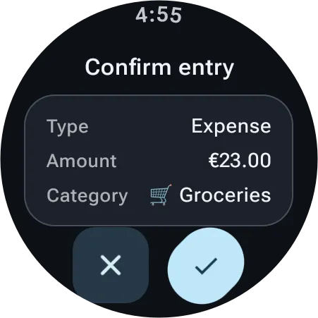 Wear OS screen summarizing type, amount and category before saving